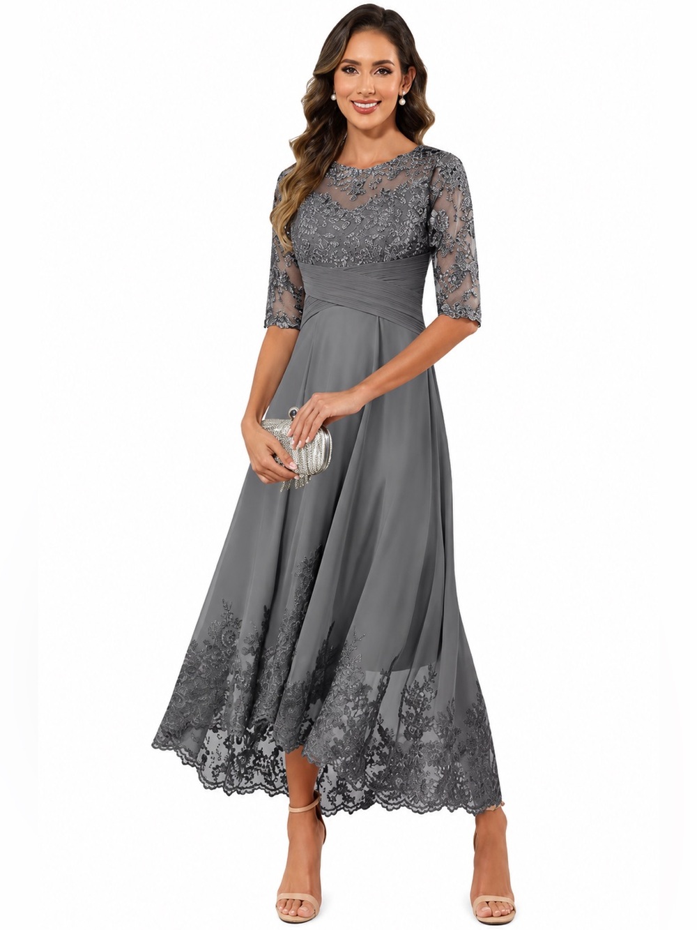 Gray Lace Appliqué Chiffon Formal Gown Tea Length Wedding Guest NWOT Size 16